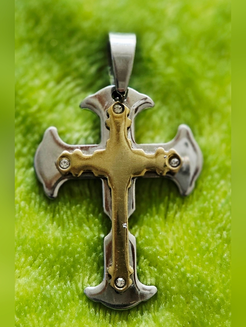 Men's Stainless Steel Two-Tone Cross Pendant | Gothic Biker Axe Cross CZ Accents